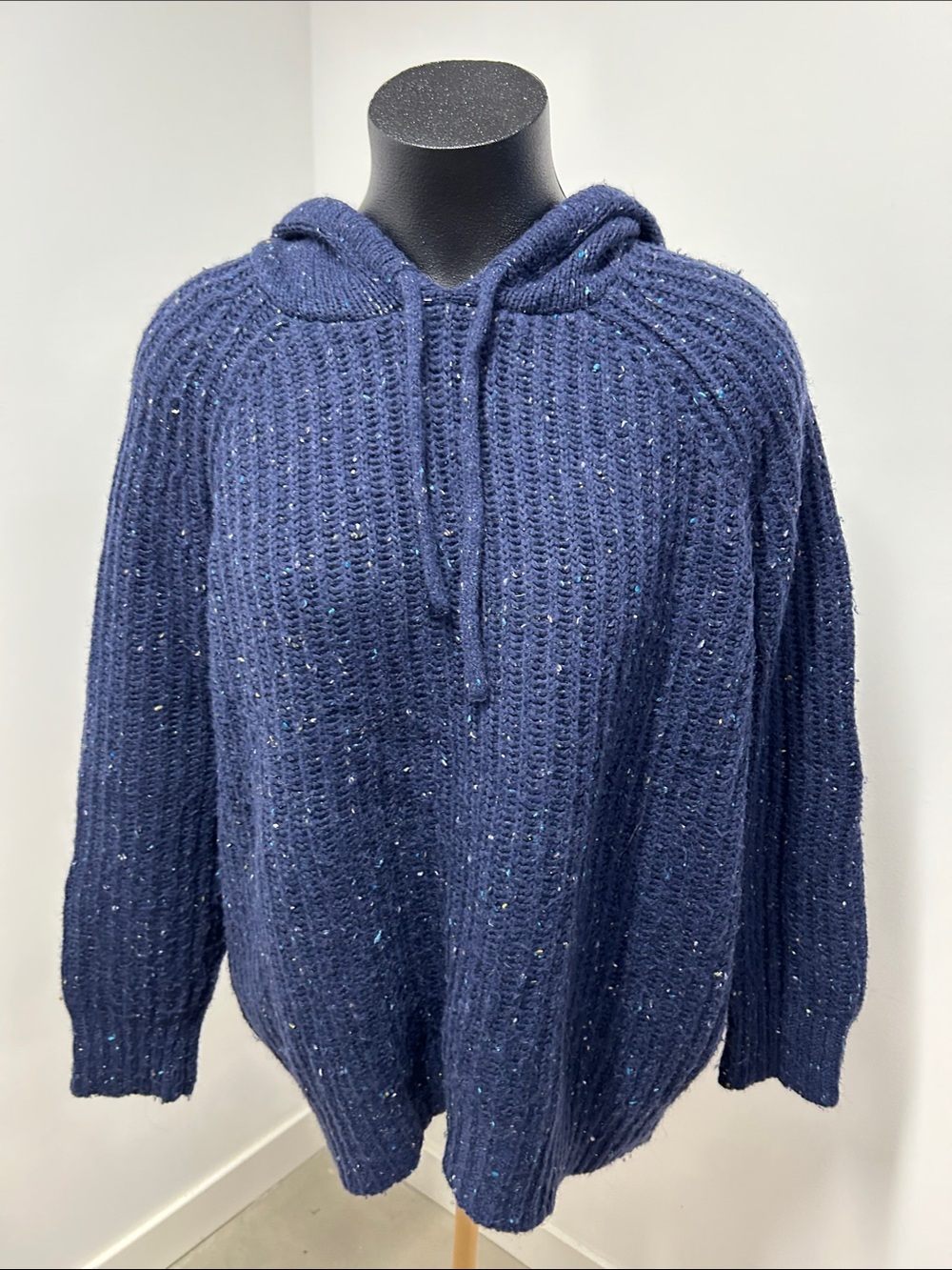 Aerie Navy Blue Speckled Chunky Knit Hooded Sweater Small